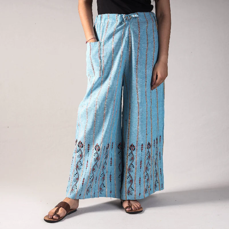 Blue - Bengal Khesh Weaving Kantha Embroidery Cotton Palazzo