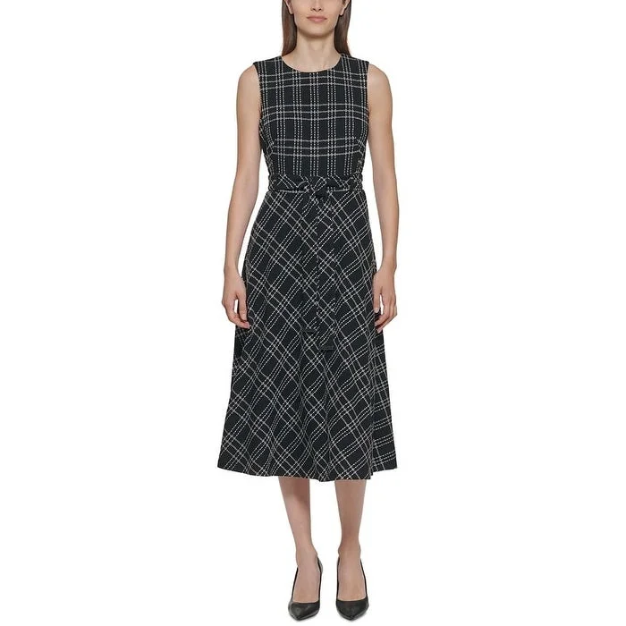 Calvin Klein Women's Belted Plaid MIDI Dress Black Size 8