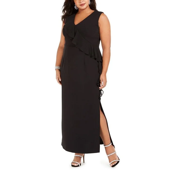 Connected Women's Plus V Neck Ruffle Dress Black Size 14W