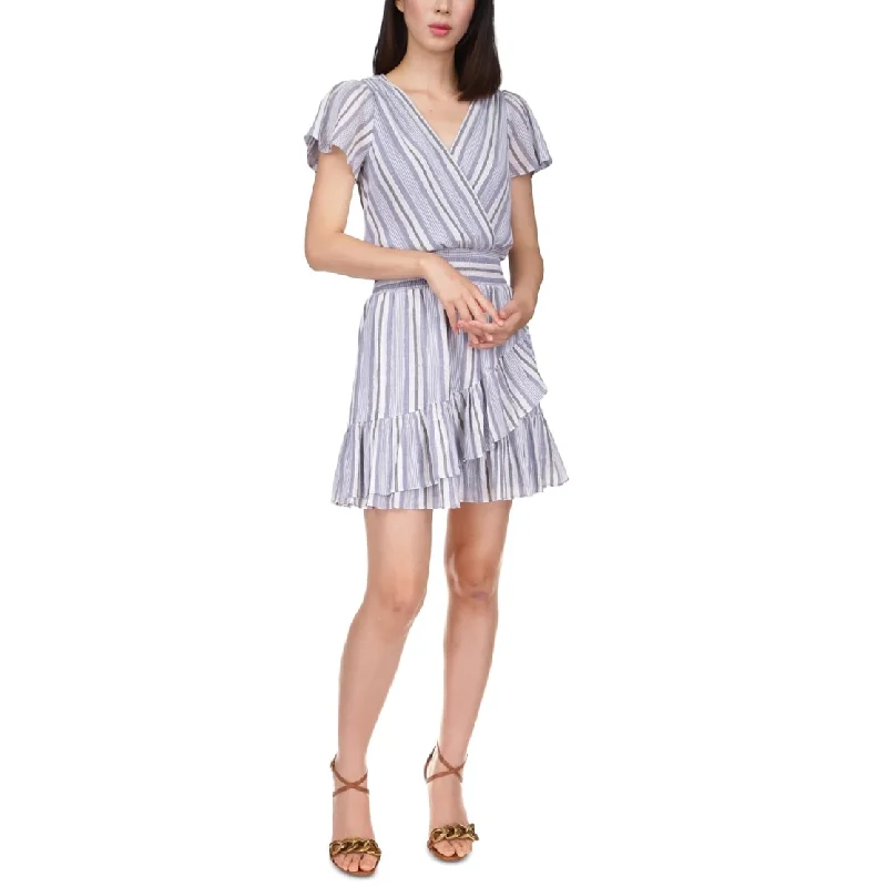 Michael Kors Women's Short Sleeve Striped Faux Wrap Dress Blue Size Medium