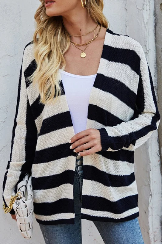 WOMEN OPEN FRONT STRIPE PATTERN KNIT CARDIGAN