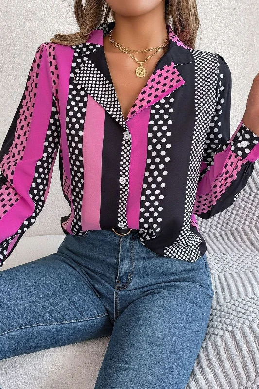 WOMEN POLKA DOT PATTERN BUTTON DOWN OFFICE BLOUSE