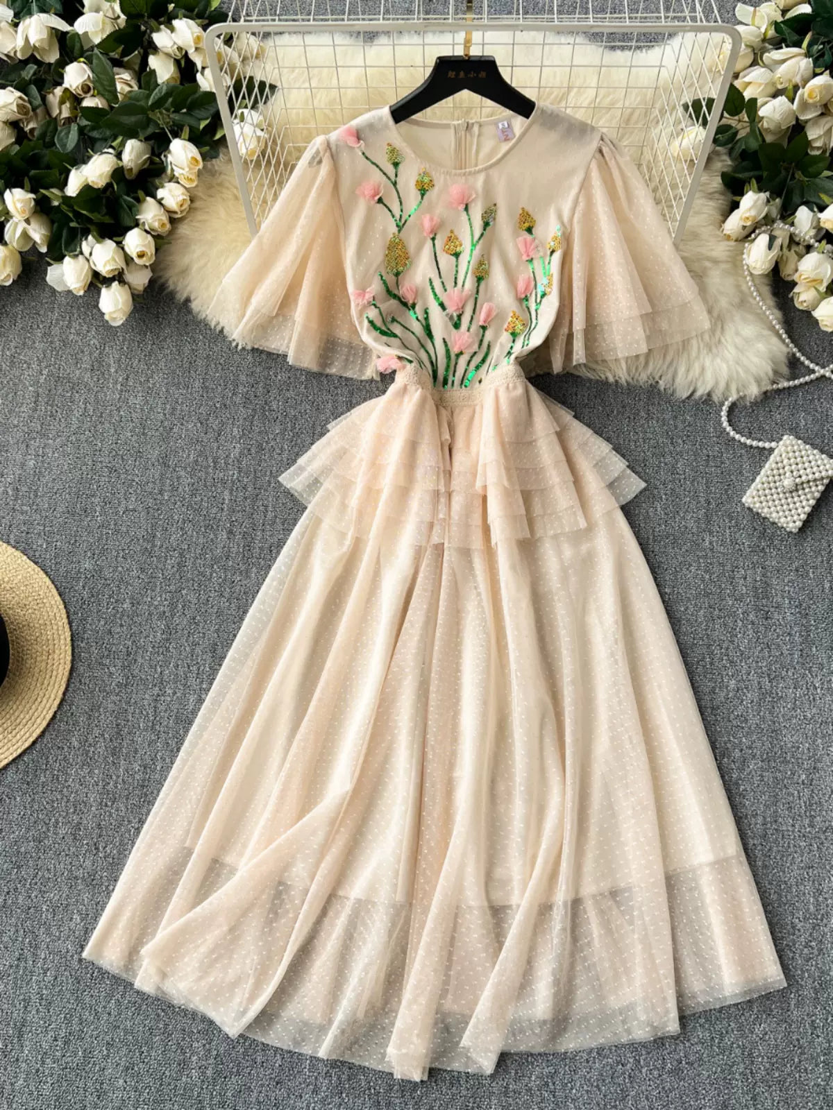 Elegant Sheer Pink Floral Embroidered Dress