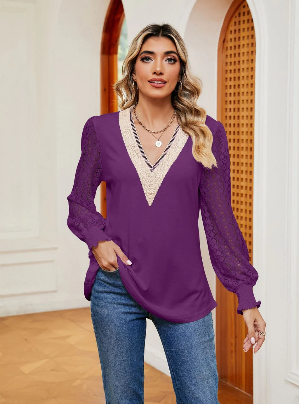 V-NECK LACE STITCHING LONG SLEEVE T-SHIRT