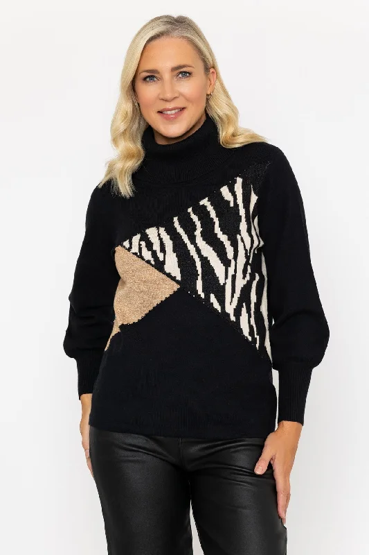 Black Animal Print Colour Block Knit Jumper