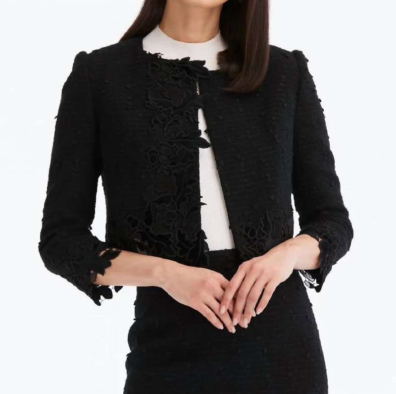 Long Sleeve Looped Ribbon Tweed Jacket In Black