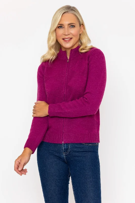 Magenta Pink Zip Up Knitted Cardigan