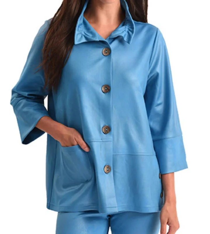 Microfiber Leather Button Jacket In Turquoise