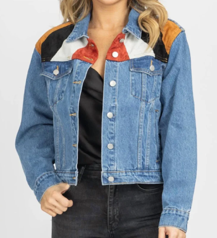 Suede Patch Relaxed Denim Jacket In Blue